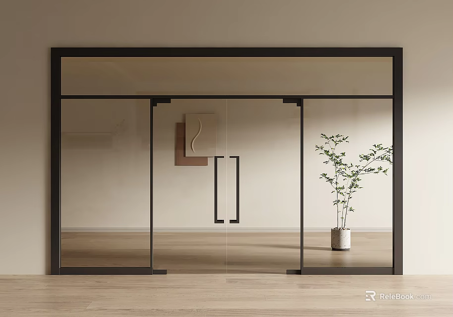 Modern Glass Double Doors with Black Frame in Minimalist Interior and Potted Plant 3d model 
