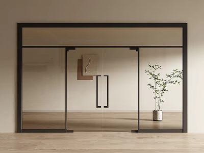Modern Glass Double Doors with Black Frame in Minimalist Interior and Potted Plant 3d model