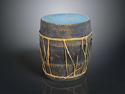 Traditional Handmade Drum With Blue Drumhead And Yellow Rope Bindings 3d model