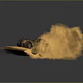 Military Weapon Mounted On Camouflage Armored Vehicle Driving On Sandy Terrain With Orange Dust Cloud