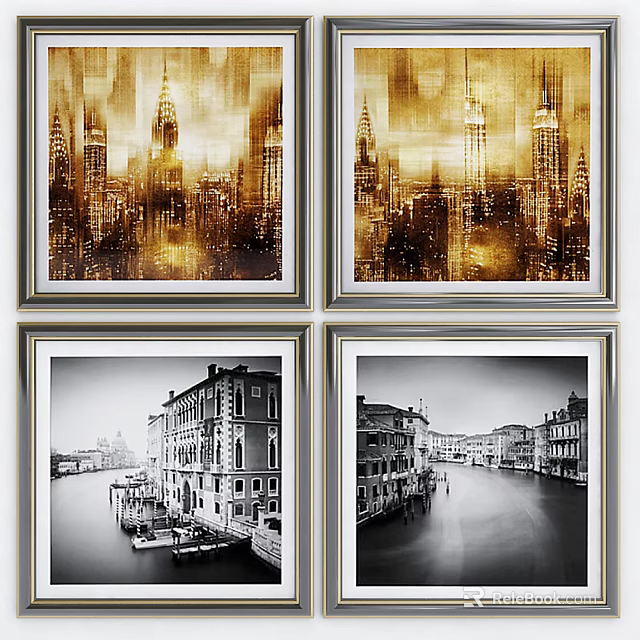 Framed Landscape Paintings With Golden City Skylines And Black White Canal Scenes 3d model 