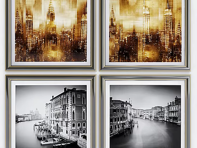 Framed Landscape Paintings With Golden City Skylines And Black White Canal Scenes 3d model