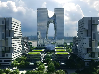 Modern Office Building Featuring Unique Arch Design With Green Roofs And Landscaping 3d model