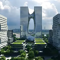 Modern Office Building Featuring Unique Arch Design With Green Roofs And Landscaping
