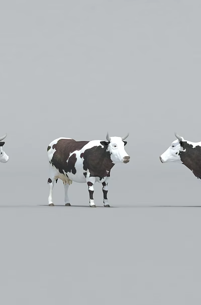 Three Black And White Cows Standing Against Gray Background In Studio 3d model Three Black And White Cows Standing Against Gray Background In Studio 3d model