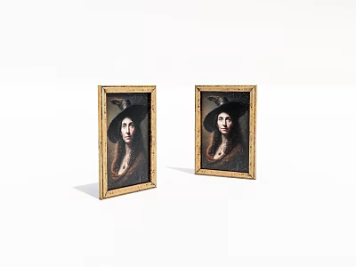 Two Framed Classic Style Portrait Paintings With Golden Frames And Hat Wearing Figures 3d model