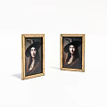 Two Framed Classic Style Portrait Paintings With Golden Frames And Hat Wearing Figures