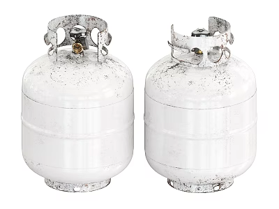 Two White Weathered Industrial Gas Cylinders With Metal Valves And Fittings 3d model