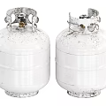 Two White Weathered Industrial Gas Cylinders With Metal Valves And Fittings