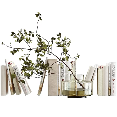 Decorative Ornament Set With Books Glass Vase And Green Plant Branch For Home Decor 3d model