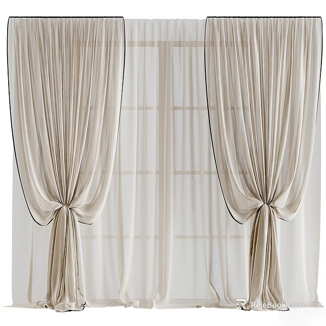 Lightweight Sheer Beige Curtains With Black Trimmed Edges Tie Back Design And Window Pane Background 3d model 