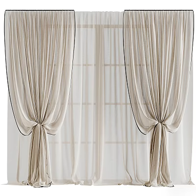 Lightweight Sheer Beige Curtains With Black Trimmed Edges Tie Back Design And Window Pane Background 3d model