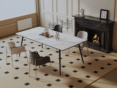 Modern Living Room Dining Table Set With White Tabletop Chairs And Fireplace Checkered Rug 3d model