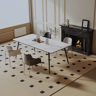 Modern Living Room Dining Table Set With White Tabletop Chairs And Fireplace Checkered Rug 3d model
