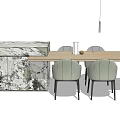 Modern Dining Table Set With Wooden Top Light Green Chairs And Marble Cabinet
