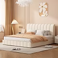 Upholstered Double Bed with Tufted Headboard Beige Comforter Pillows Nightstands Floor Lamp Round Wall Art