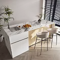 Modern Bar Counter With Marble Top Sink Fresh Fruits Indoor Plant And Bar Stools