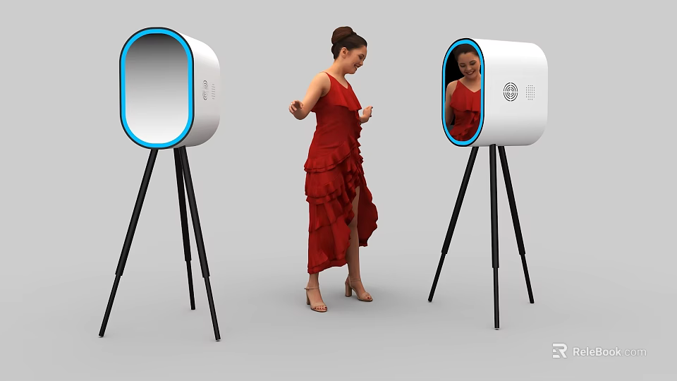 Smart Interactive Mirror Machine With Tripod Stand And Blue Frame For Red Dress Woman 3d model 