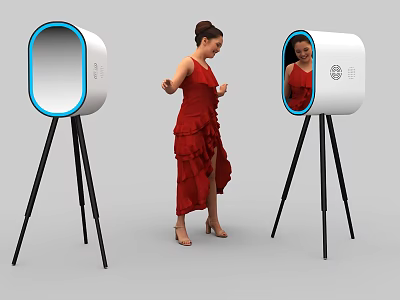 Smart Interactive Mirror Machine With Tripod Stand And Blue Frame For Red Dress Woman 3d model