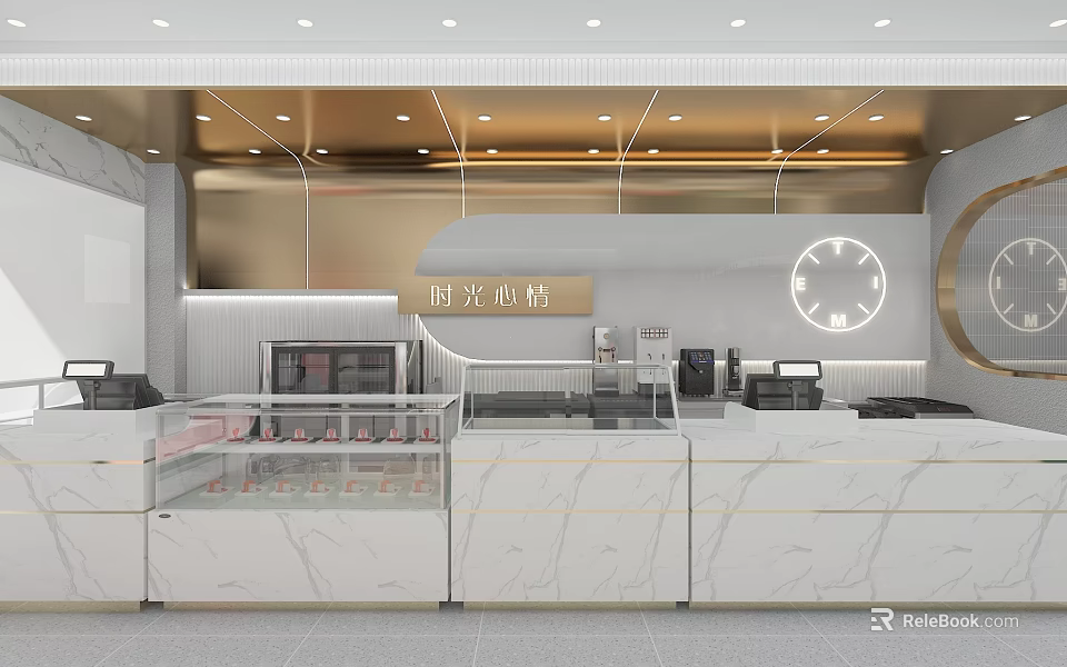 Time Light Milk Tea Shop Interior With Marble Counter Display Case And Clock Lighting 3d model