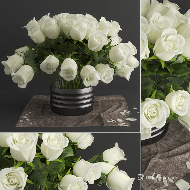 White Roses In Striped Metal Vase With Green Leaves And Cloth Background 3d model 