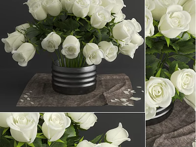White Roses In Striped Metal Vase With Green Leaves And Cloth Background 3d model