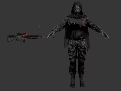 Hooded Game Movie Character With Red Mask Camouflage Outfit And Sniper Rifle With Scope 3d model