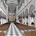 Grand Church Interior Featuring Arched Architecture Wooden Benches And Checkerboard Floor