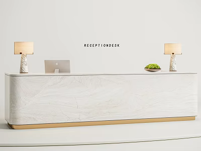 Modern Reception Desk With Marble Texture Gold Base Table Lamps Laptop And Green Plant 3d model