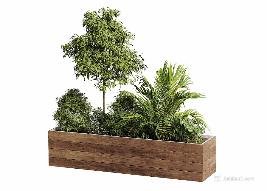 Rustic Wooden Rectangular Planter With Assorted Lush Green Plants For Modern Outdoor Garden Landscape Decoration 3d model 