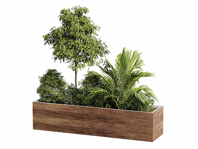 Rustic Wooden Rectangular Planter With Assorted Lush Green Plants For Modern Outdoor Garden Landscape Decoration 3d model