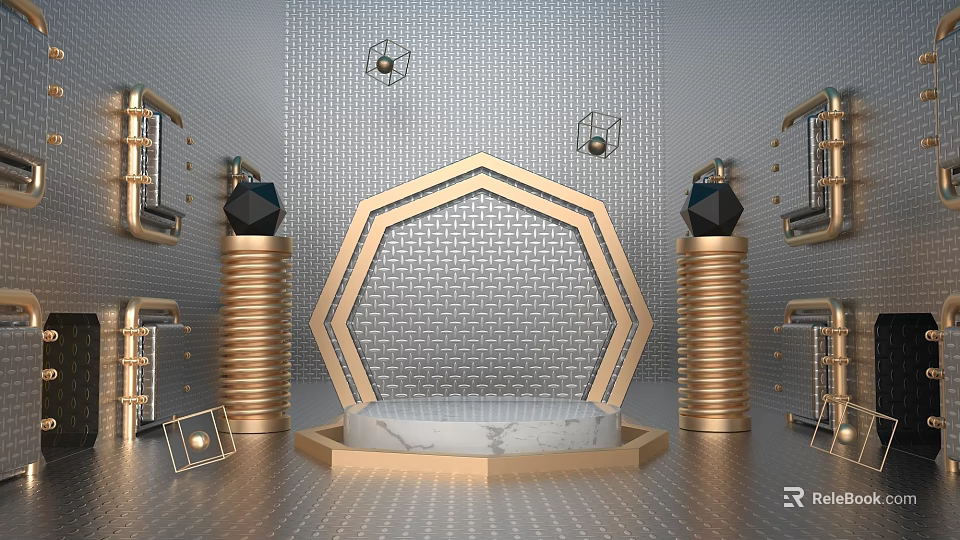 Modern Elegant Display Platform with Golden Accents Marble Base and Geometric Decor 3d model 
