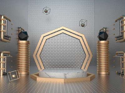 Modern Elegant Display Platform with Golden Accents Marble Base and Geometric Decor 3d model