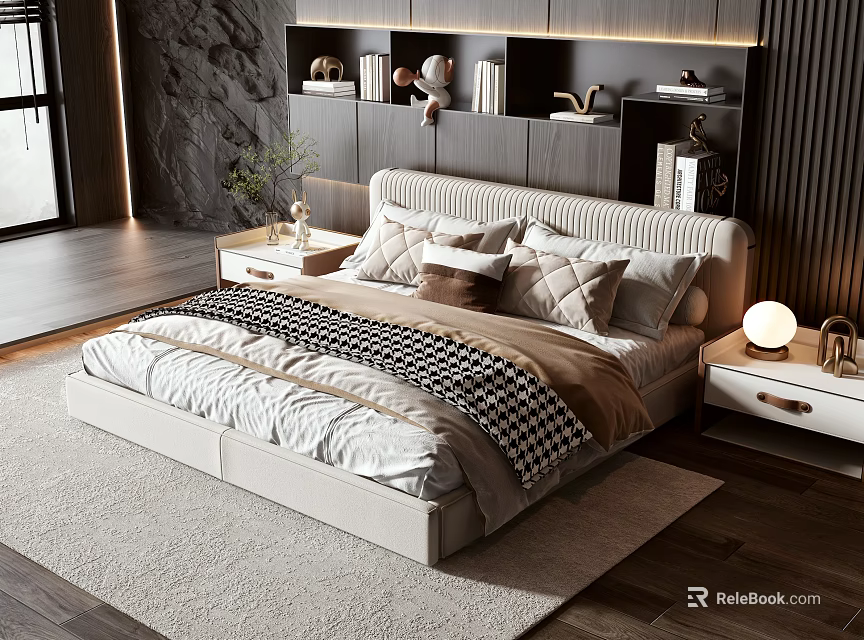 Modern Double Bed Interior With Cozy Bedding Nightstands Table Lamps And Bookshelves 3d model 