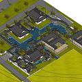 Traditional Ancient Architecture Complex with Central Pond Traditional Roofs Enclosure Wall and Garden Landscaping