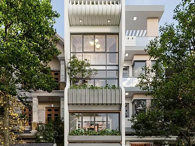 Modern Detached Villa With Multi Story Design Large Glass Windows Greenery Balconies And Surrounding Trees 3d model