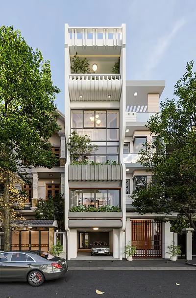 Modern Detached Villa With Multi Story Design Large Glass Windows Greenery Balconies And Surrounding Trees 3d model