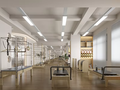 Spacious Fitness Studio Interior With Pilates Reformers Wooden Floors And Strip Lights 3d model