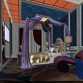SPA Sauna Room With Purple Lighting Four Poster Bed Canopy Drapes Dark Walls And Carpet