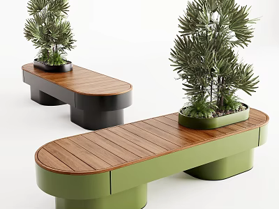 Stylish Landscape Seats With Wooden Surface Green Black Base And Potted Plants 3d model