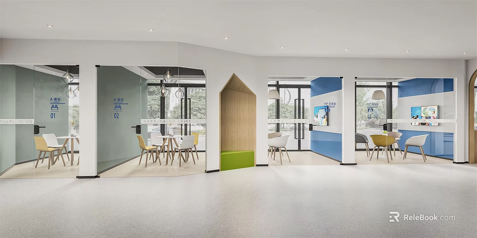 Modern Open Interior Space With Glass Partitions Colorful Walls Tables And Chairs 3d model 