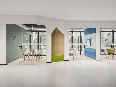 Modern Open Interior Space With Glass Partitions Colorful Walls Tables And Chairs 3d model