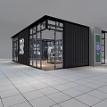 Modern Black Container Clothing Store With Glass Windows Orange Logo And Surrounding Railings