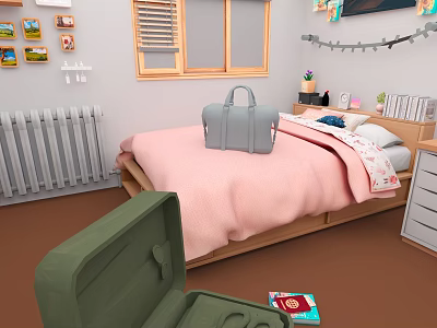 Cartoon Bedroom Scene With Pink Bed Green Suitcase Books And Window 3d model