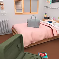 Cartoon Bedroom Scene With Pink Bed Green Suitcase Books And Window