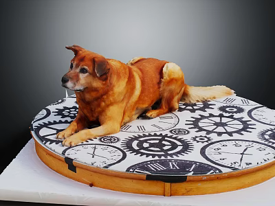 Brown Dog Lying On Round Mat With Black White Gears And Clock Patterns 3d model