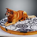 Brown Dog Lying On Round Mat With Black White Gears And Clock Patterns 3d model