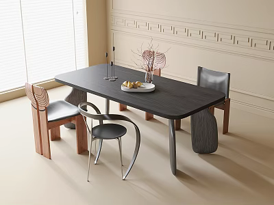 Modern Black Dining Table with Chairs in Bright Interior With Fruit Plate and Vase 3d model