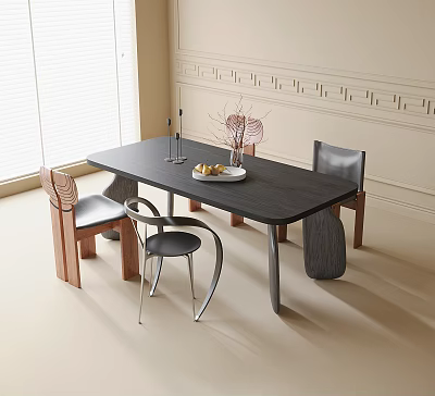 Modern Black Dining Table with Chairs in Bright Interior With Fruit Plate and Vase 3d model