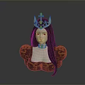 Elegant Queen Character With Golden Crown Pink Gem Long Black Hair And Gold Patterned Outfit